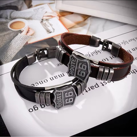 Men’s Black Genuine Leather American Route 66 Wrap Bracelet Cuff Wristband